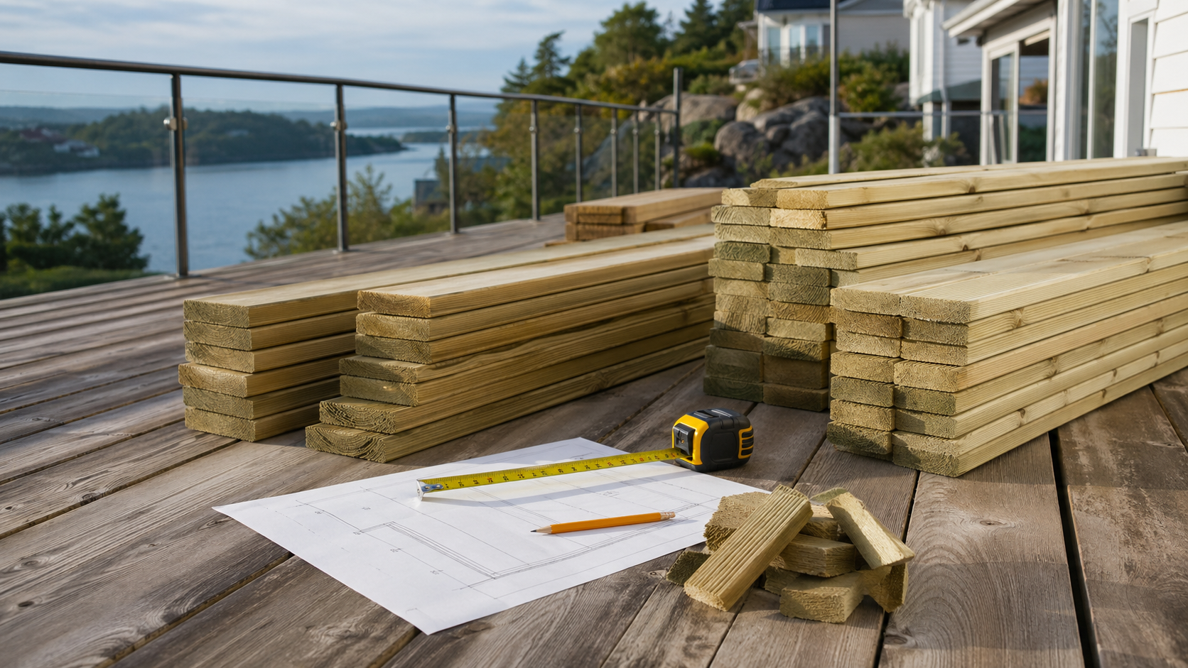 Tablas de tarima exterior, recortes, cinta métrica y plano sencillo para calcular desperdicio por cortes