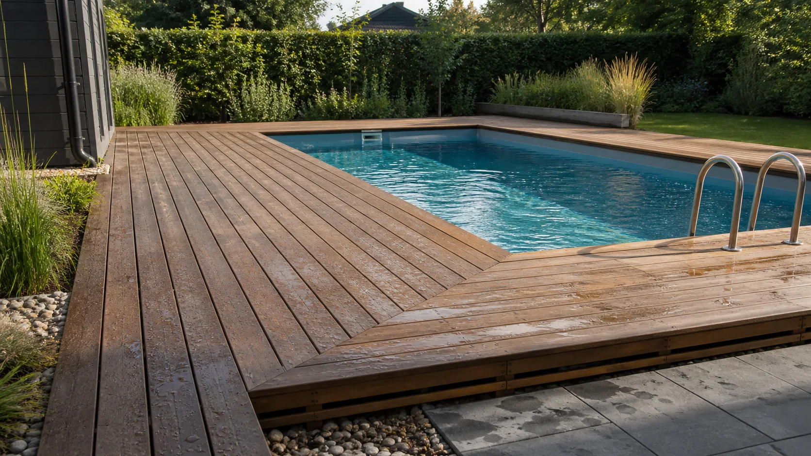 Tarima de madera mojada con juntas regulares alrededor de una piscina rectangular